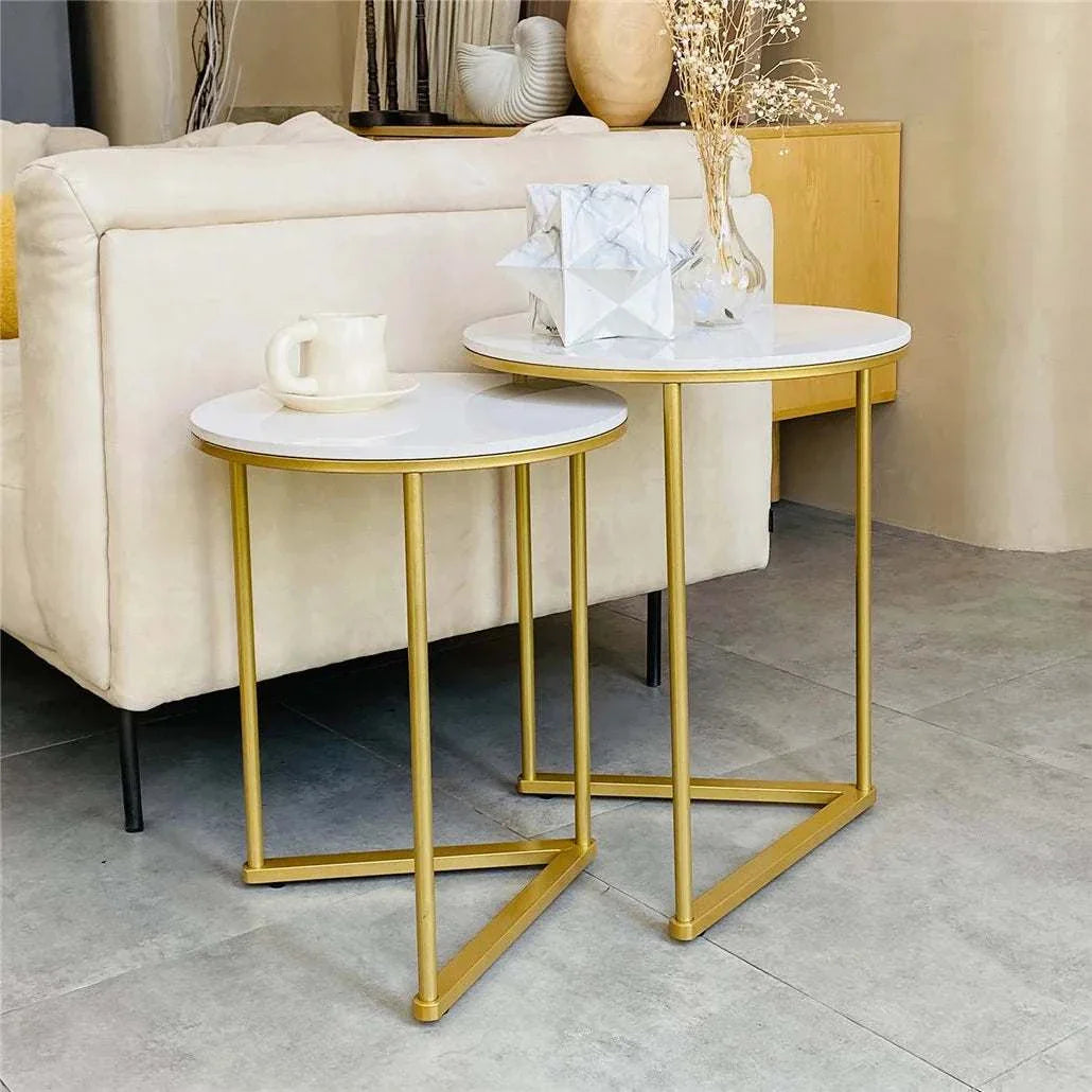 Modern Mariah side table set of 2 with marble tops and gold metal bases, perfect for living room storage and decor.