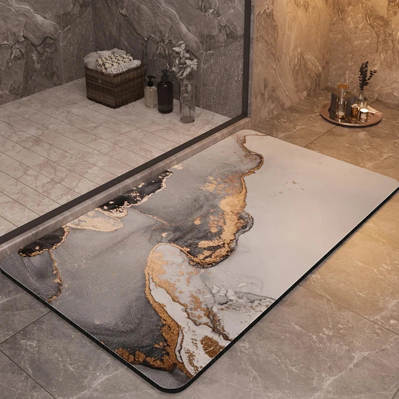 Marble effect bathroom mat with elegant design on tiled floor.