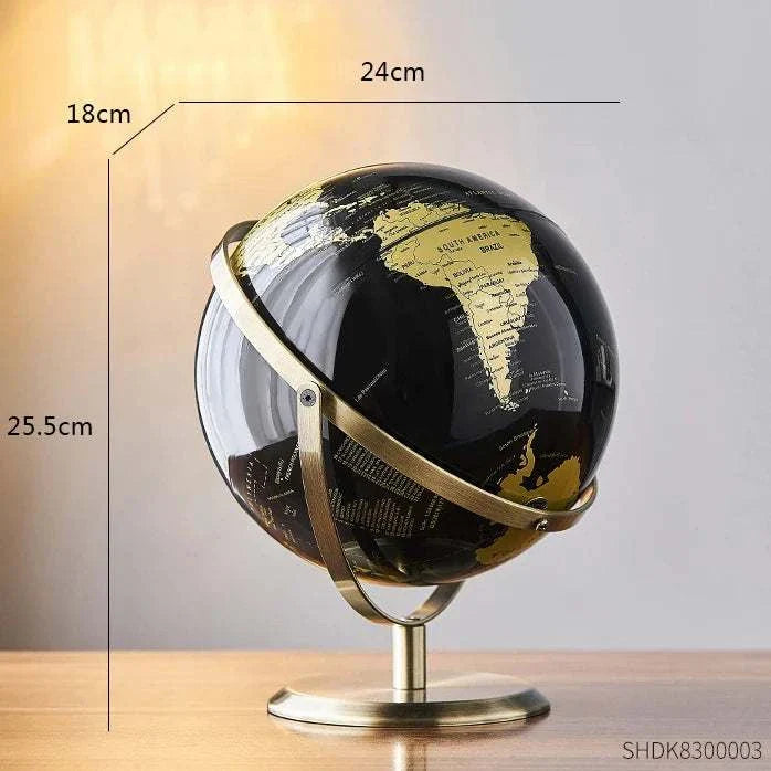 Aya Globes in black and gold with bronze stand, 25.5cm height and 24cm diameter, elegant decor piece.
