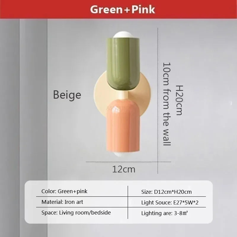 Ridi Wall Lamps in green and pink, Nordic LED design, with dual light emission and durable iron body.