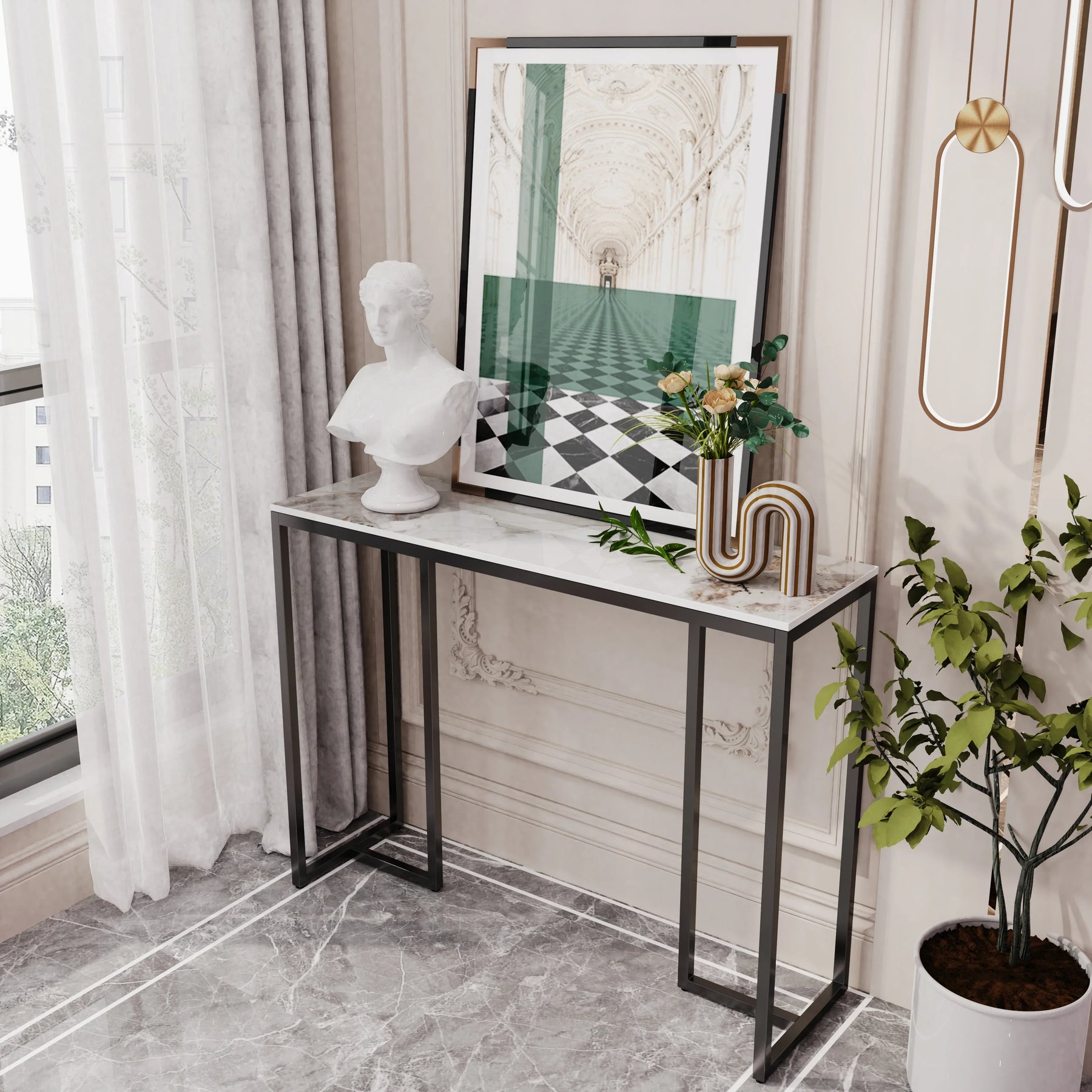 Modern marble console table with a sleek metal frame, ideal for entryways or living rooms.