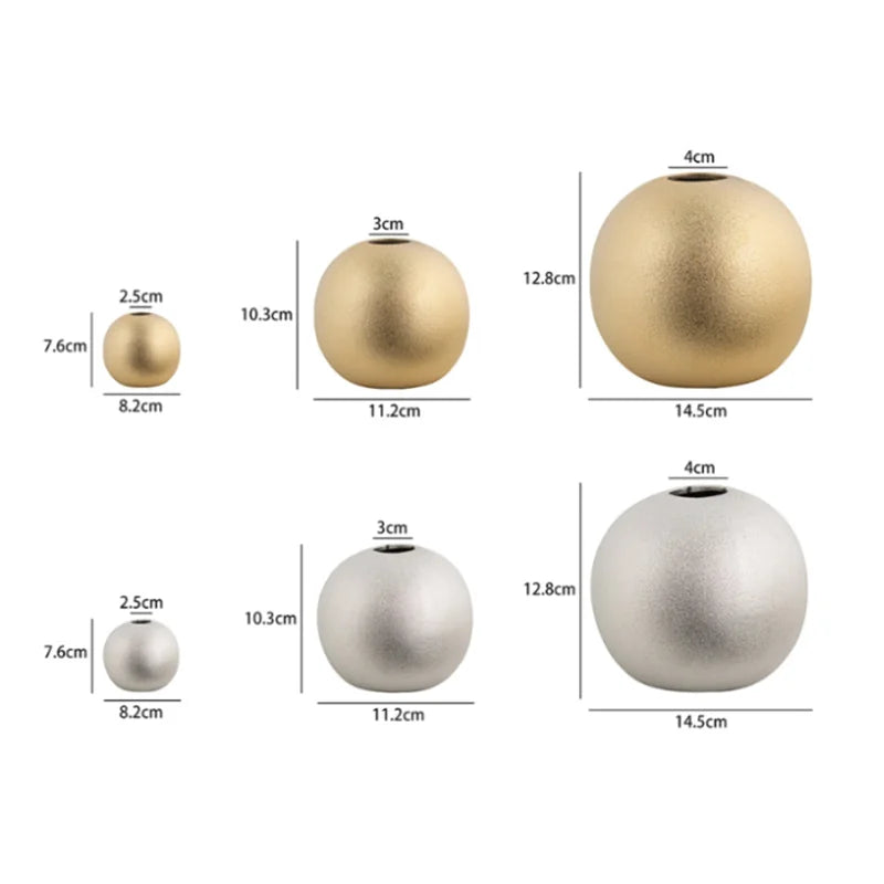 Nuala Ceramic Balls in silver and gold with measurements, versatile as vases or decorative ornaments.