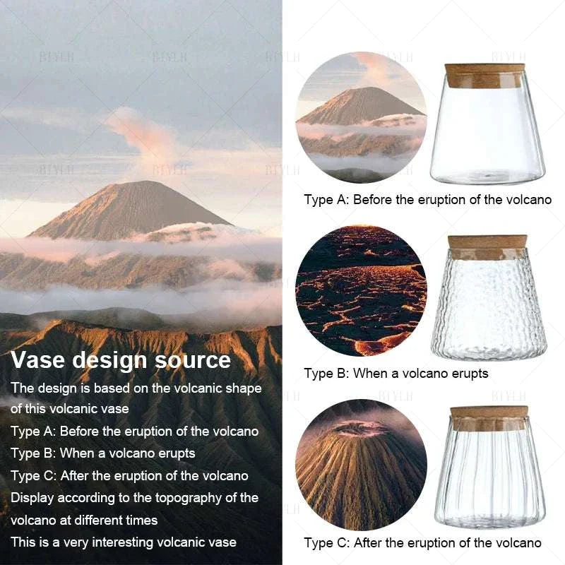 Volcanic style vase with wooden cap, glass bottle, and bamboo base, inspired by volcanic shapes.