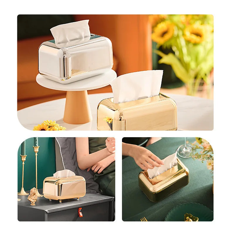 Luxie tissue box with luxurious gold finish in elegant home settings.