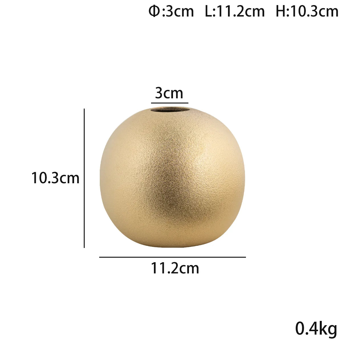 Nuala Ceramic Balls in gold with measurements, versatile vase or decorative ornament.