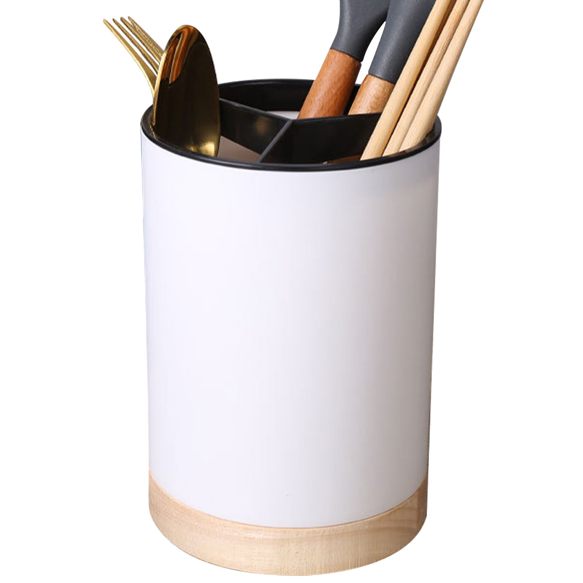 Cutlery Drainer with wood and ceramic look, durable plastic, organizing kitchen utensils.