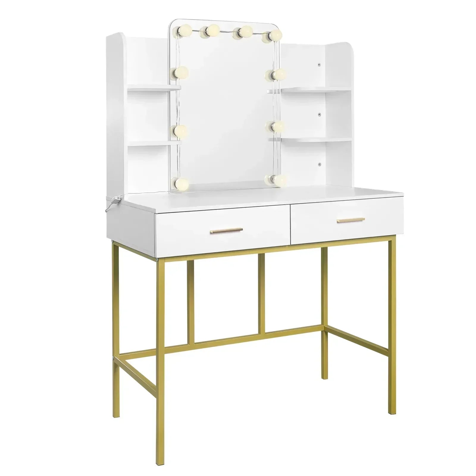 Eze Vanity Table with built-in LED lights, white and gold design.