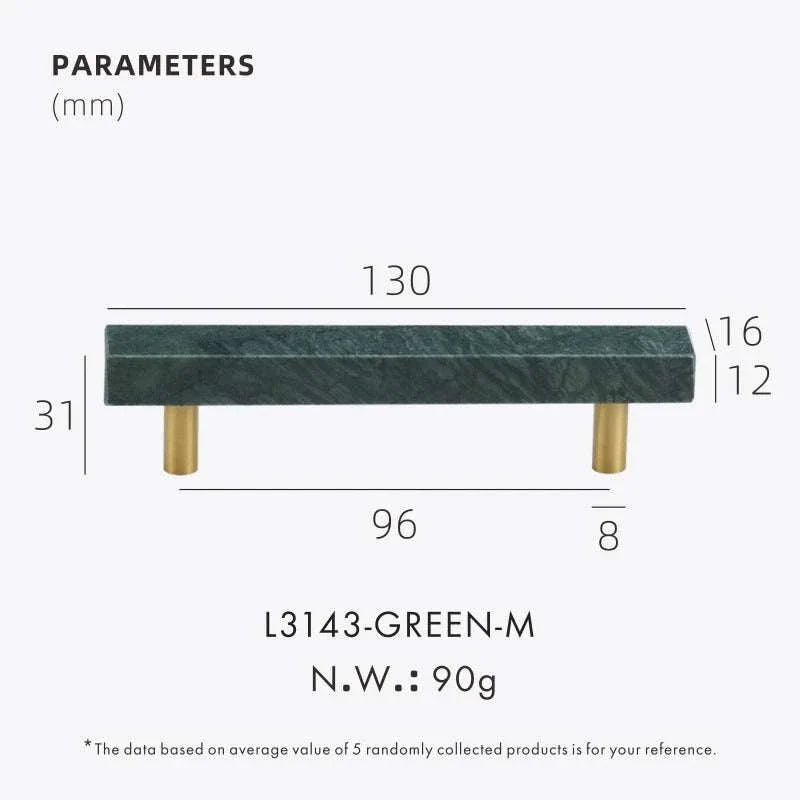 Anessa Handles brass and green marble dimensions diagram.