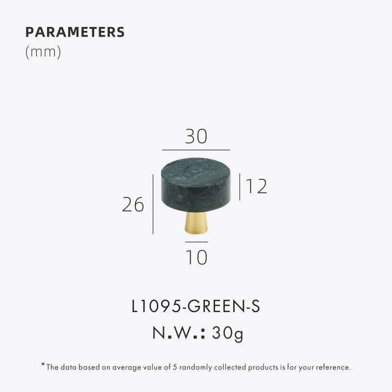 Anessa Handles with brass and white-green marble design, dimensions, and weight specifications.