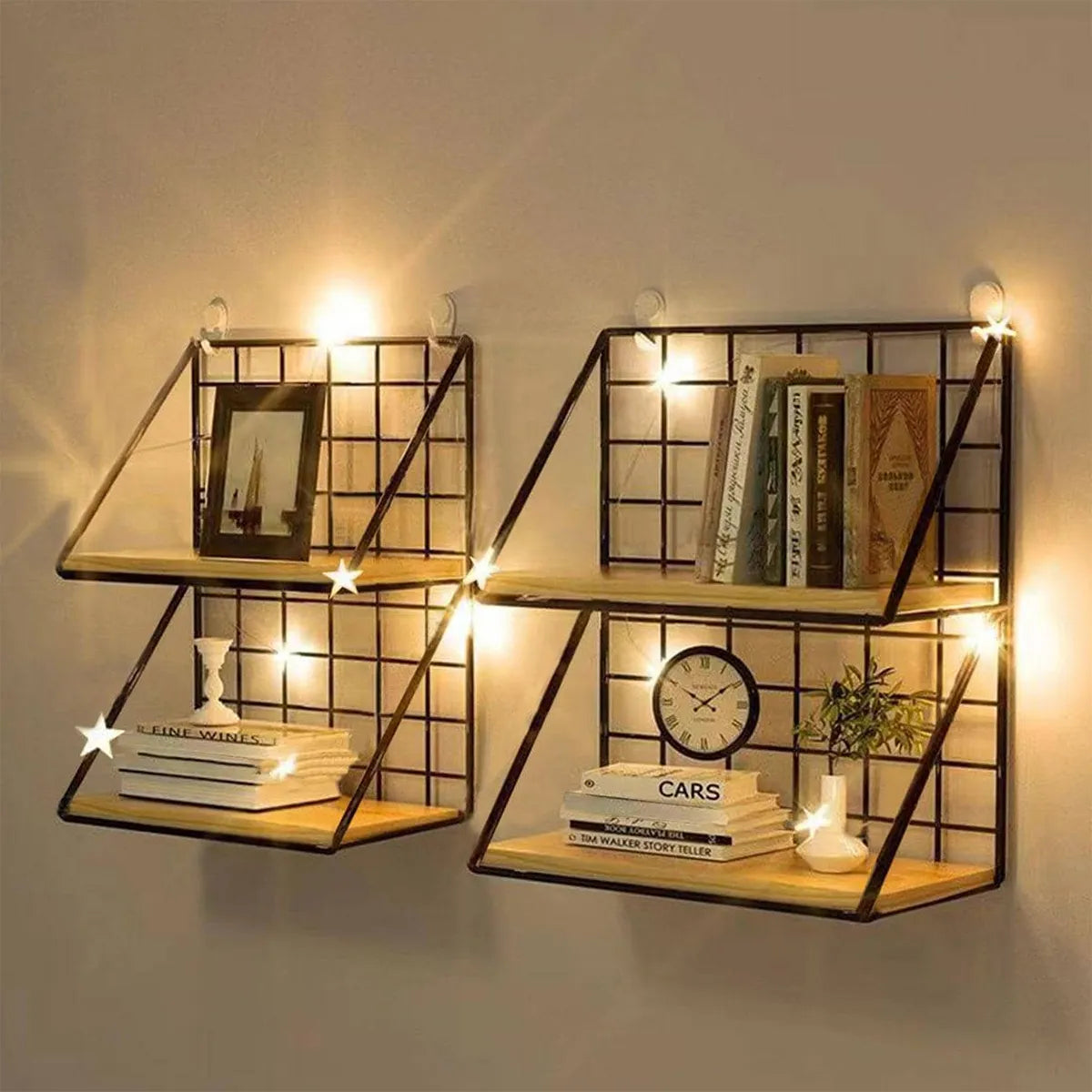 Nouve shelves with basket design and built-in lights for stylish storage and display.
