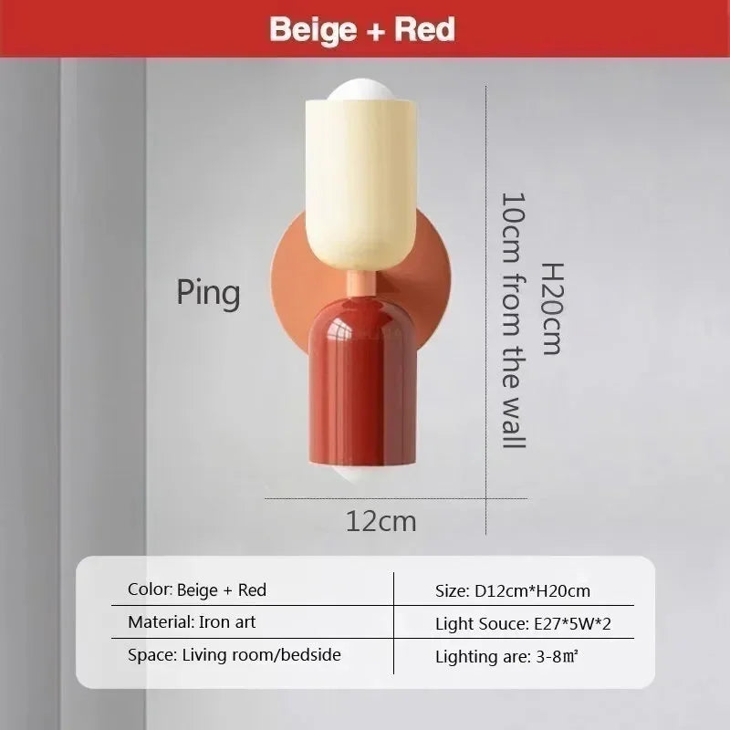 Ridi Wall Lamp in beige and red with Nordic LED double head lampshade, durable iron body, ideal for living room or bedside.