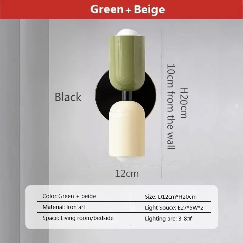 Ridi Wall Lamps with green and beige Nordic LED design, cup-shaped double head, durable iron baking lacquer body.