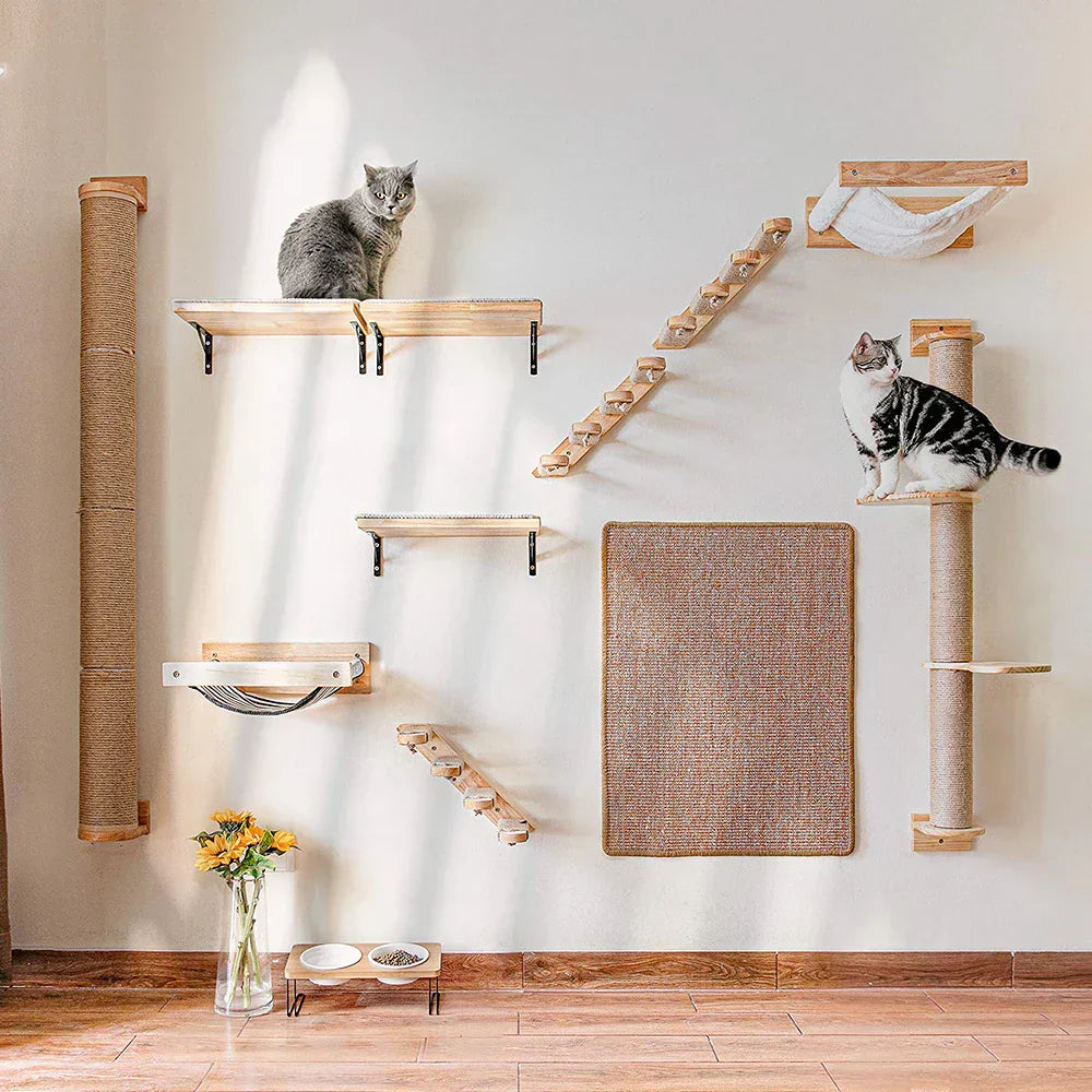 Cat climbing shelf with multiple wall-mounted perches and scratching posts, designed for exercise and play.