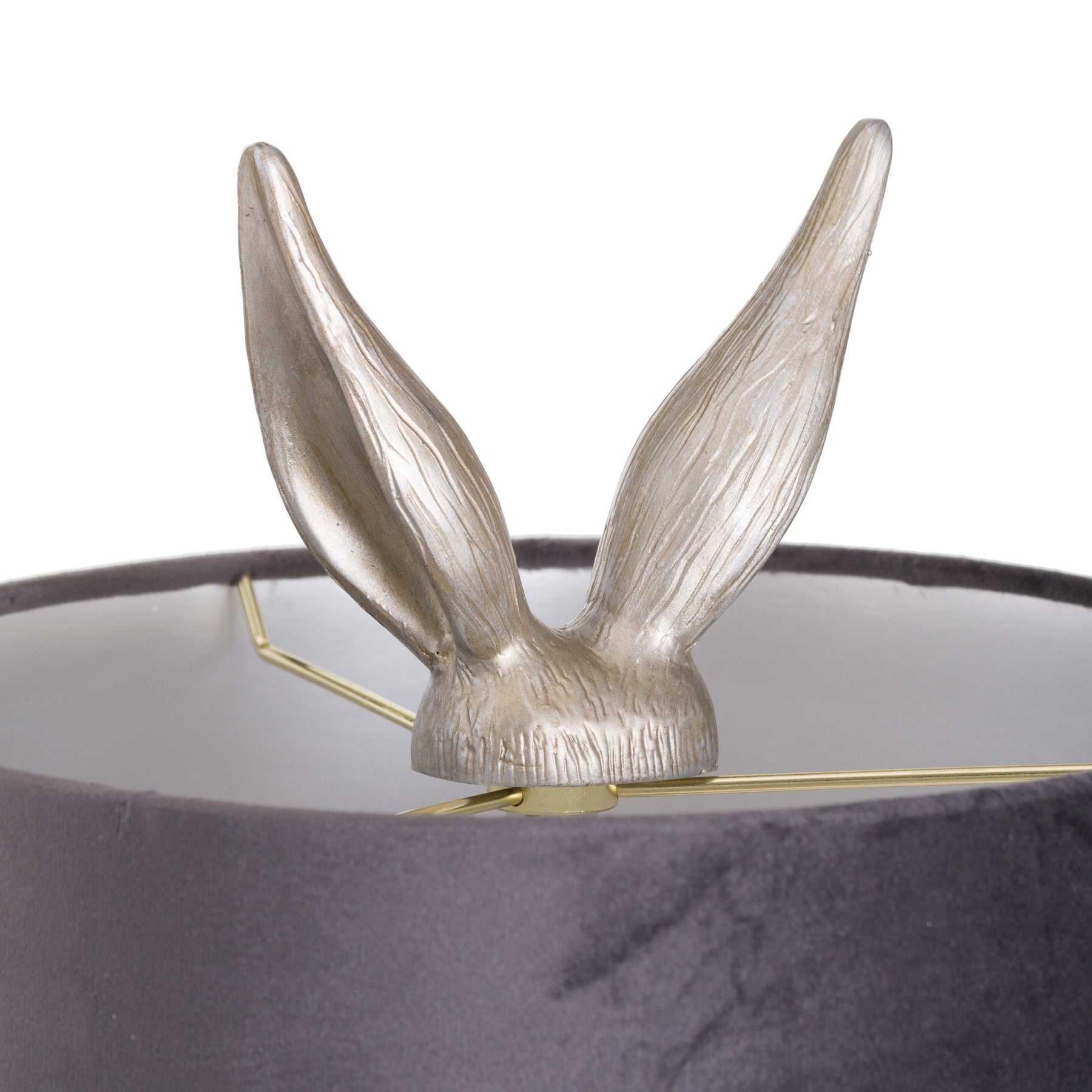Silver hare base of Rabbit Table Lamp with grey velvet shade.