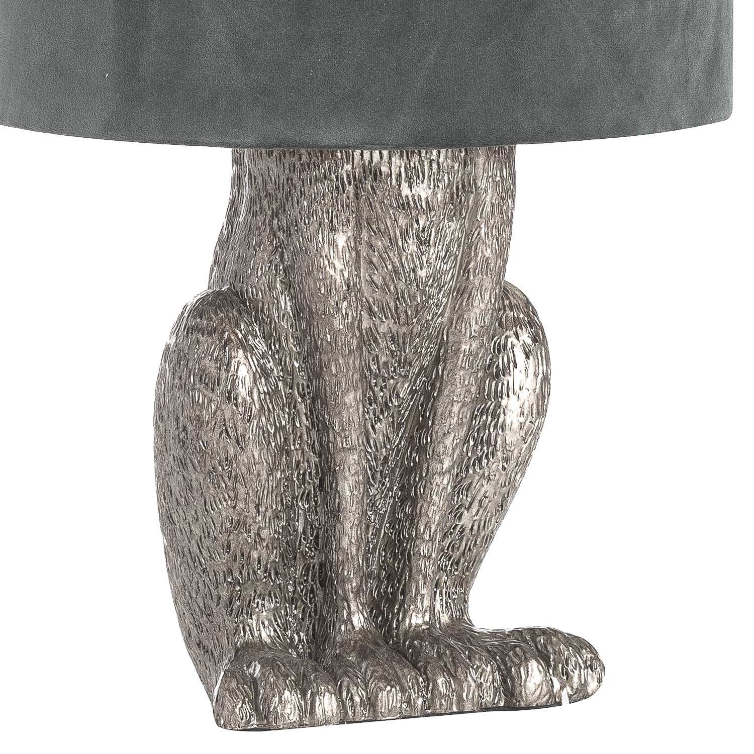 Rabbit Table Lamp with silver hare base and grey velvet shade.
