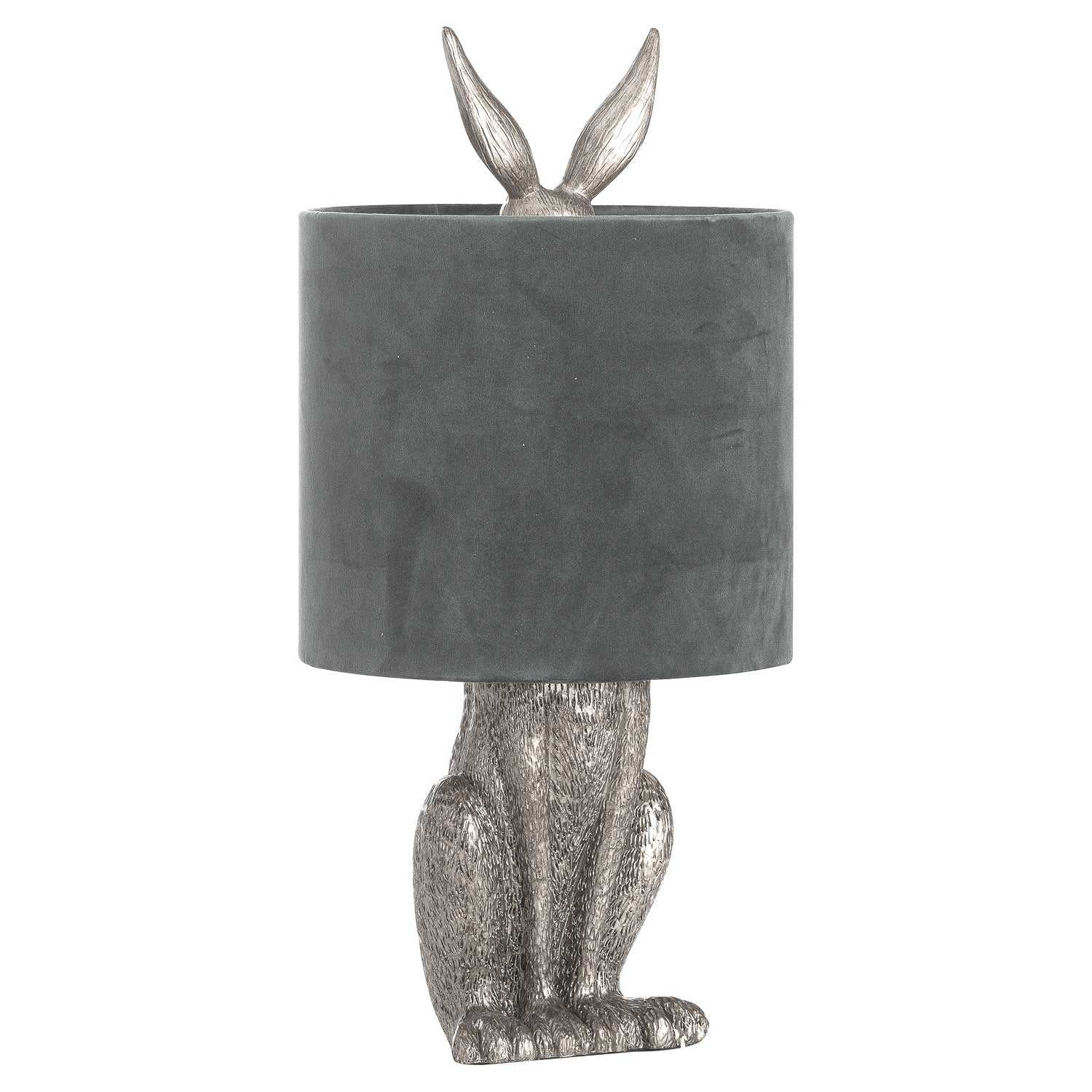 Silver rabbit table lamp with grey velvet shade, unique eclectic home decor.