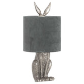 Silver rabbit table lamp with grey velvet shade, unique eclectic home decor.
