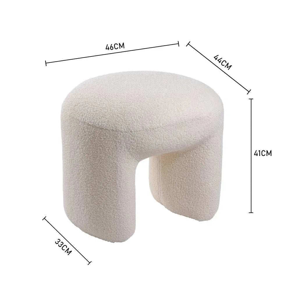 Theadra stool with white teddy bear fur upholstery and dimensions labeled 46cm W x 44cm D x 41cm H.