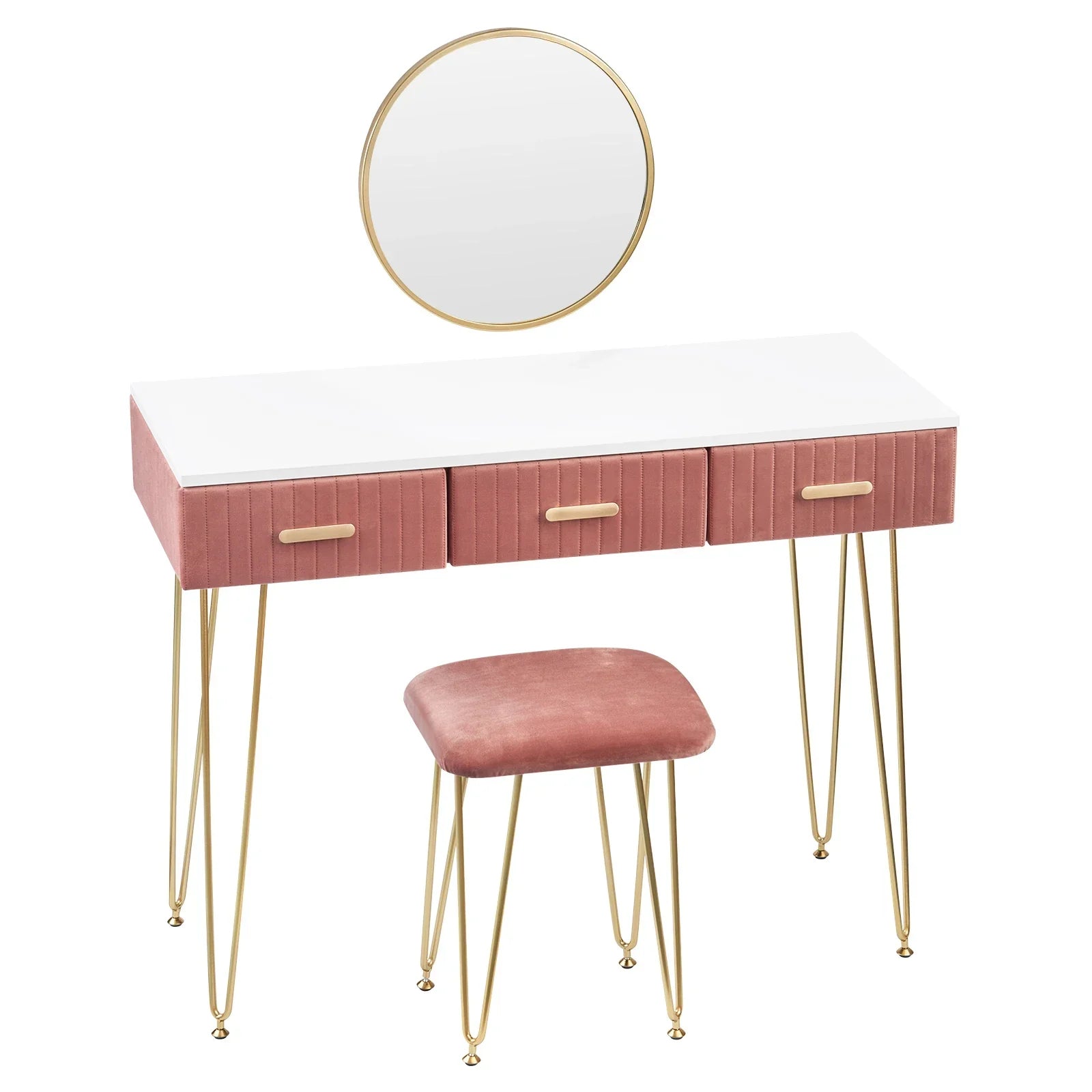 Viola Makeup Vanity Table with mirror and stool, sleek design, ample storage.