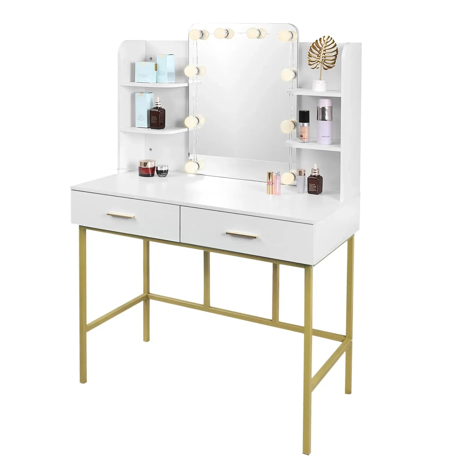 Eze Vanity Table with built-in LED lights in white and gold design.