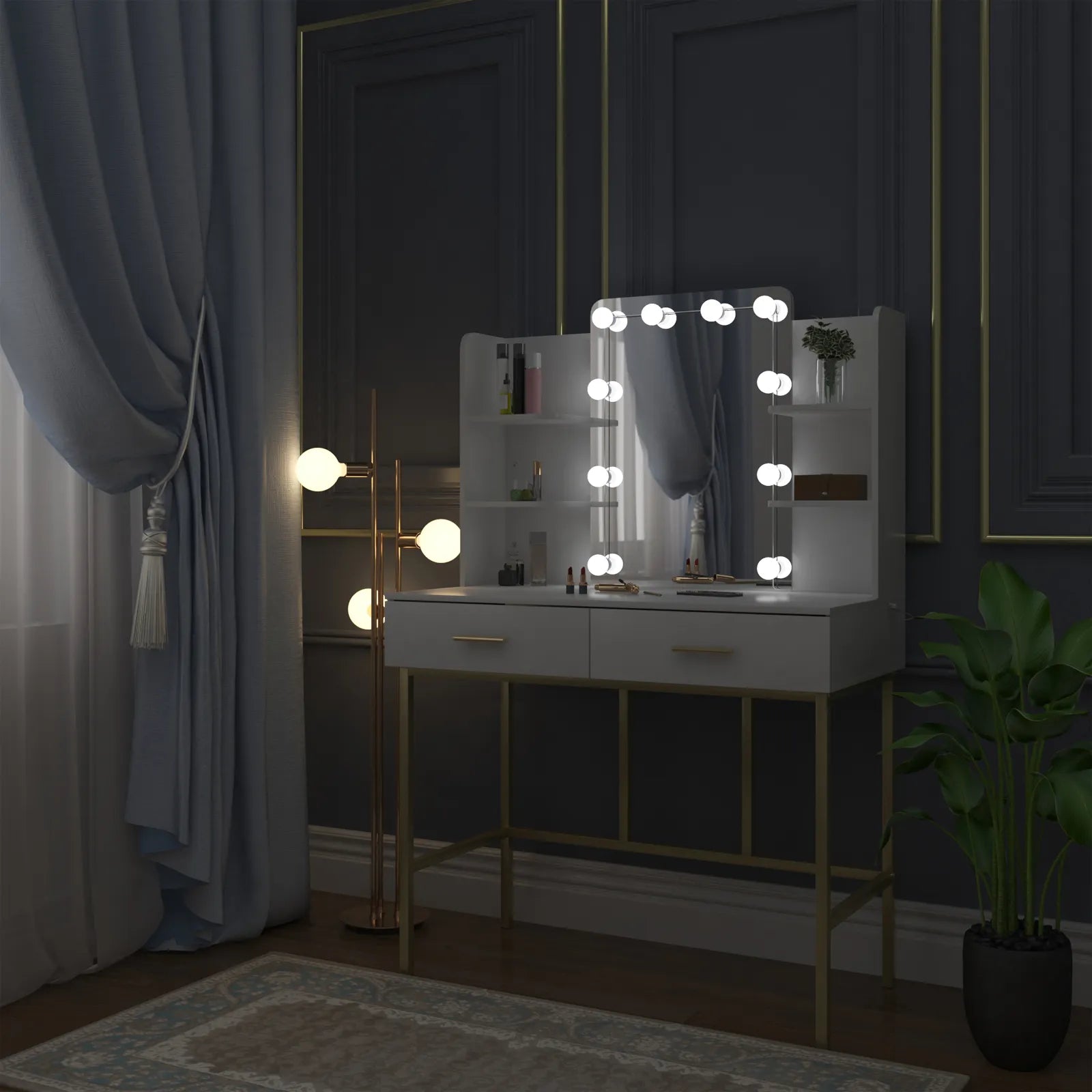 Eze Vanity Table with LED lights in white and gold design.
