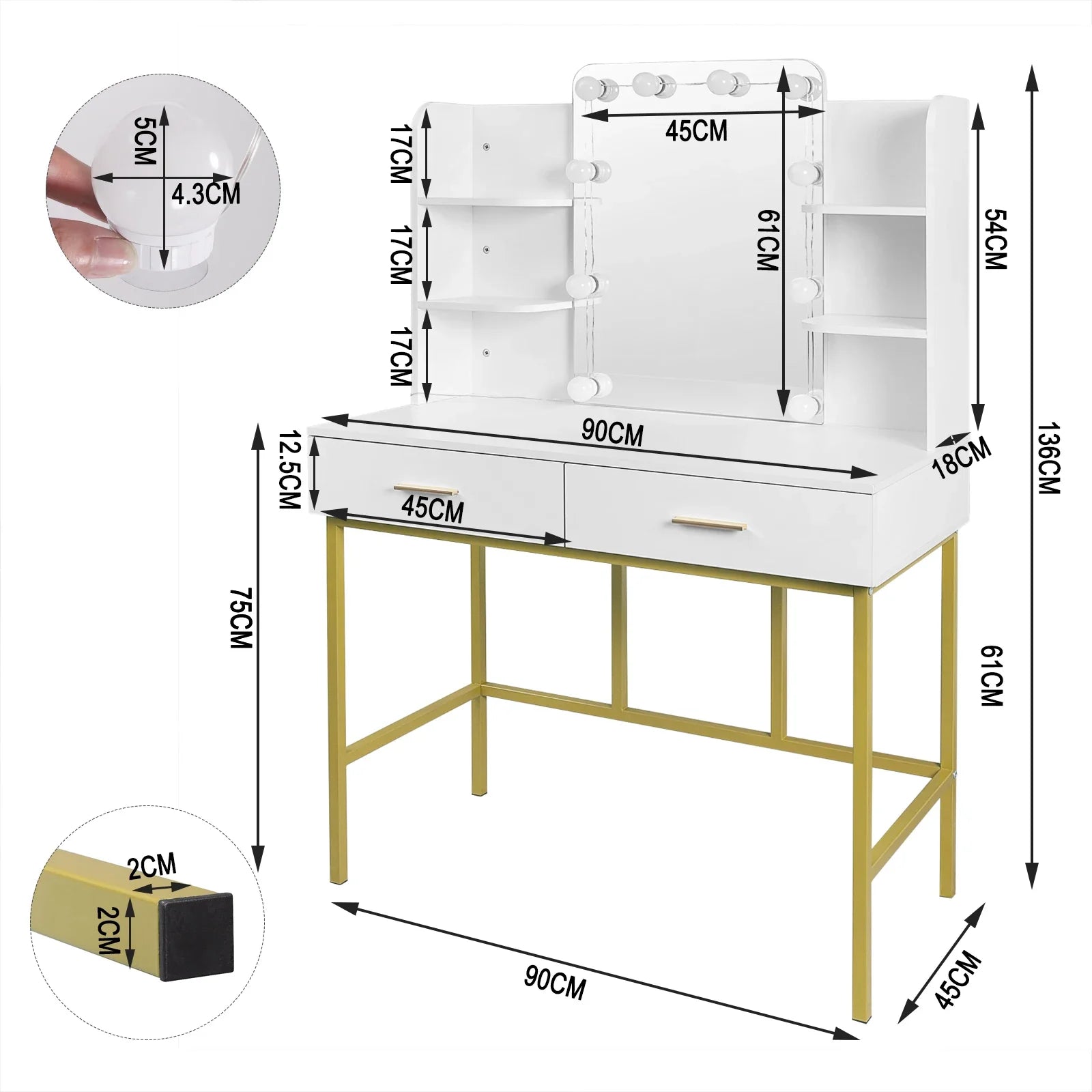 Eze Vanity Table with LED lights in white and gold design for makeup application.