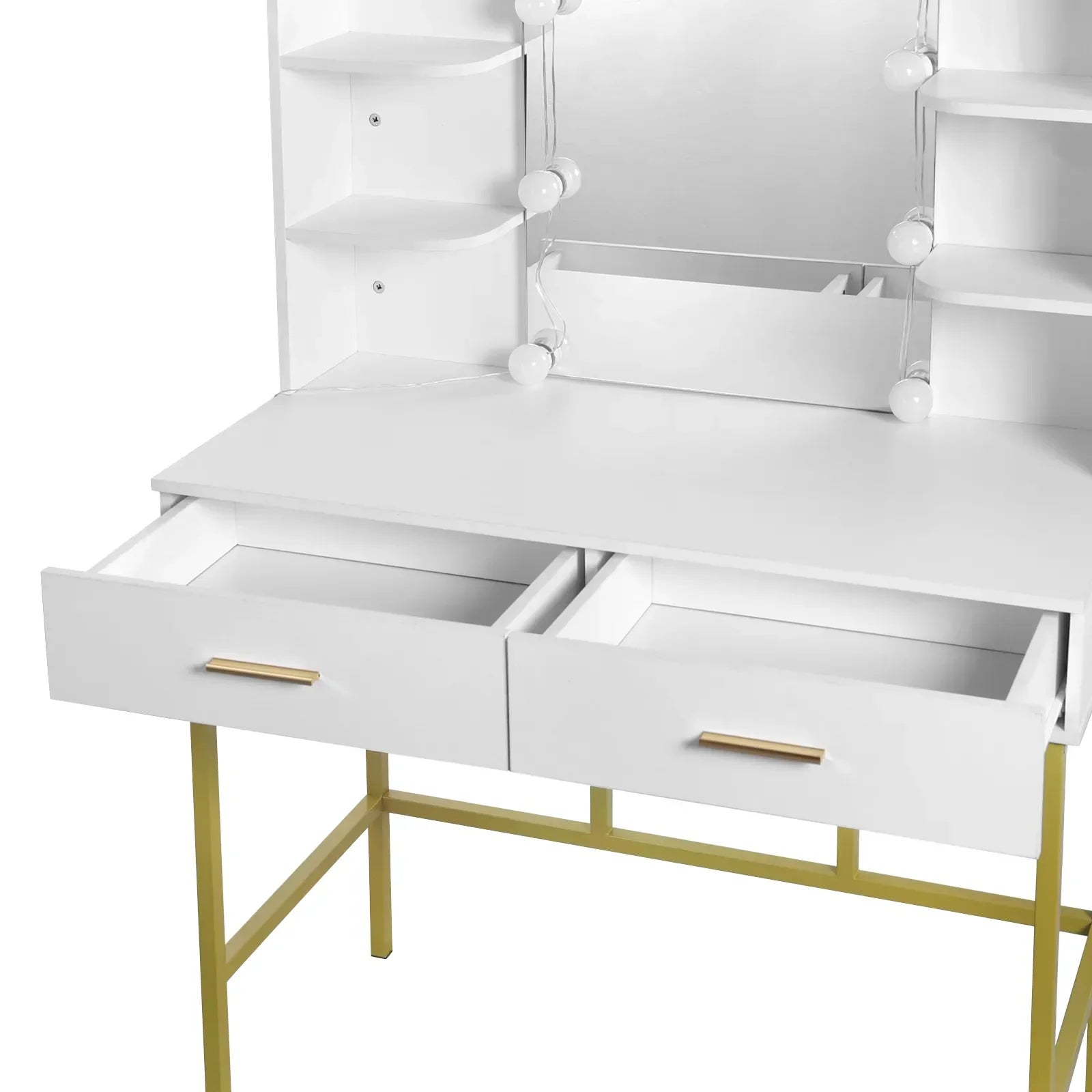 Eze Vanity Table with built-in LED lights, white and gold design, featuring spacious drawers and elegant shelving.