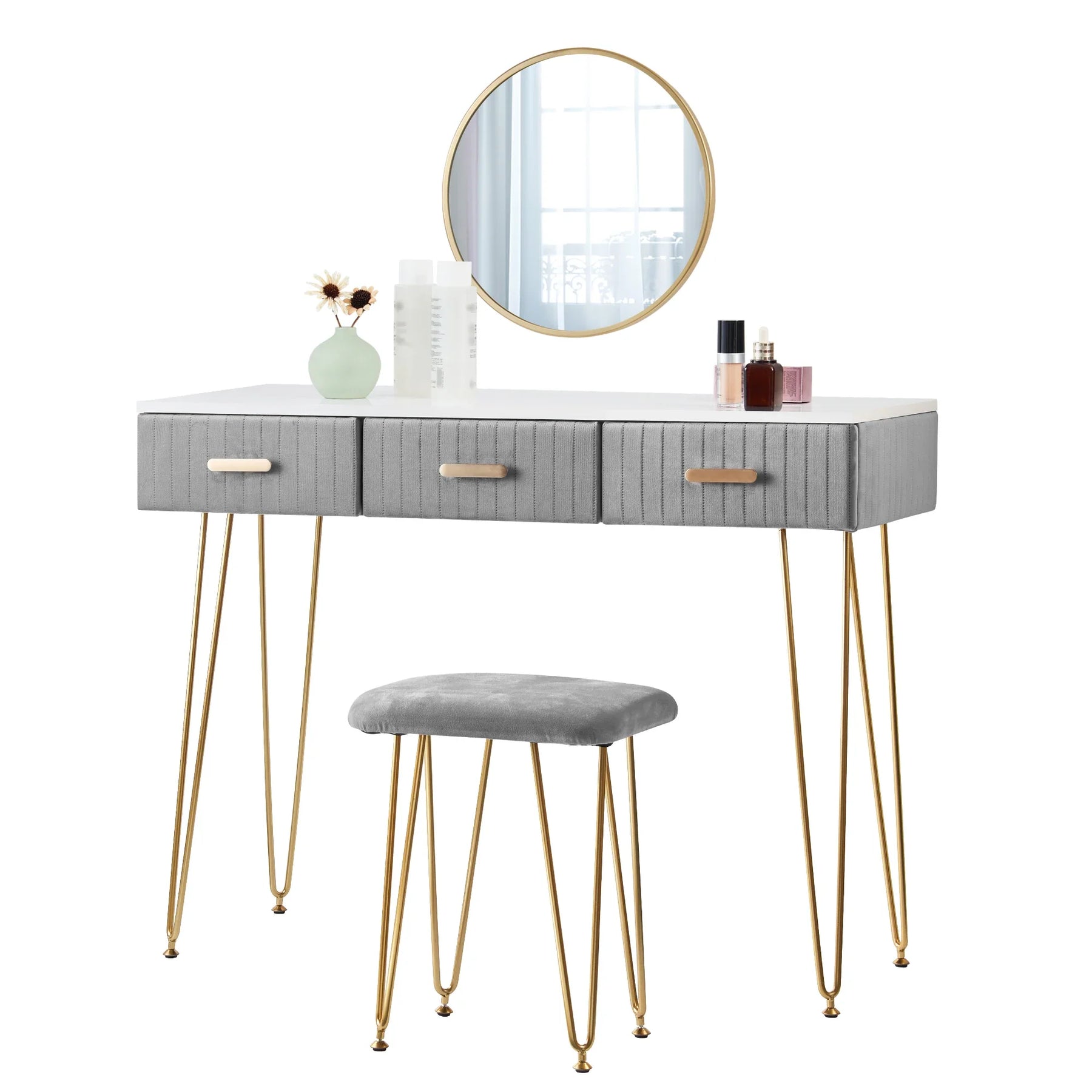 Viola Makeup Vanity Table with mirror and stool, elegant home furniture with ample storage.