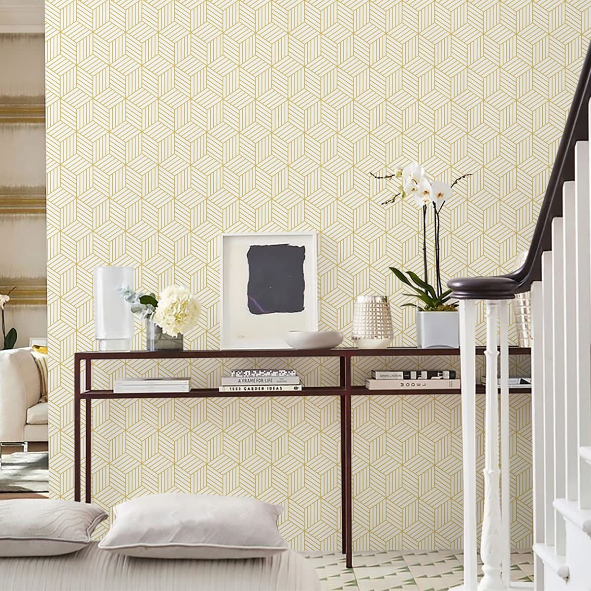 Geometric hexagon wallpaper in modern living room decor.