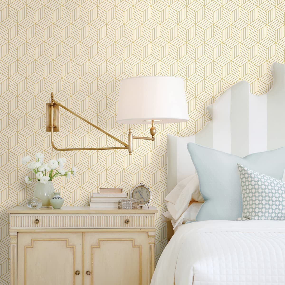 Geometric hexagon wallpaper in a modern bedroom setting.