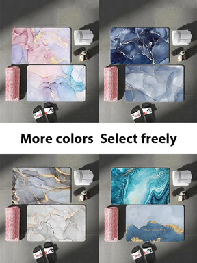 Marble effect bathroom mats in various colors with elegant, absorbent design.