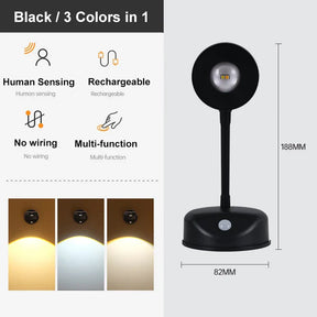 USB Rechargeable Intelligent Human Sensing Wall Light with Dimmable LED Spotlight, 3 Colors.