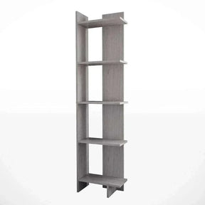5 tier corner shelving unit in white and walnut finish, with ample storage for organizing spaces.