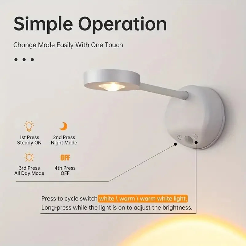USB rechargeable wall light with sensor, dimmable LED spotlight, simple operation.