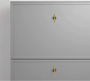 Natural Crystal pink cabinet knobs with brass, enhancing gray kitchen cupboards.