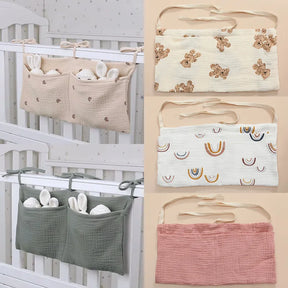 Arian Baby Crib Storage Bag in various colors and patterns, hanging on crib bars showcasing soft, durable cotton fabric for nursery organization.